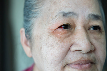 Diseases of the retina of the eye. Close-up of older female eyes with red inflamed and dilated capillaries. Hemorrhage under the conjunctiva. Conjunctivitis, keratitis, dry eye syndrome, trauma, uveitisの写真素材