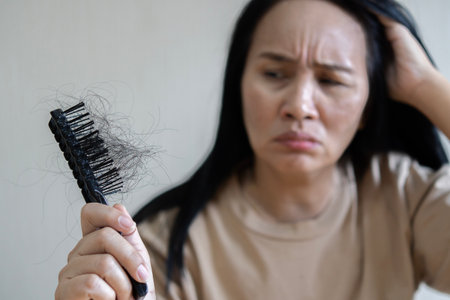 Young Asian woman is very upset because of hair loss. Distressed hair, the hair problem concept.の写真素材