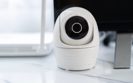 Digital security eye. A white round indoor CCTV surveillance camera monitoring security on TV table in the room corner.の写真素材