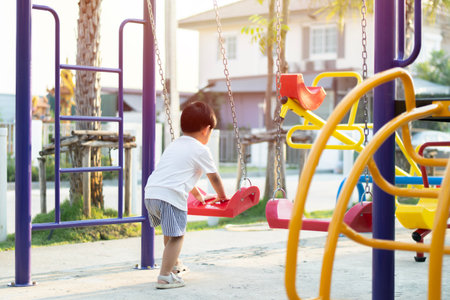 Little Asian boy having fun on a swing on the playground in public park on autumn day. Happy child enjoy swinging. Active outdoors leisure for child in city. Back view.の写真素材