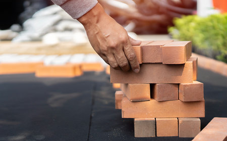 Expert workman laying patio edging bricks in garden makeover. Portrait of bricklayer laying slabs and pavement in garden by workman.の写真素材