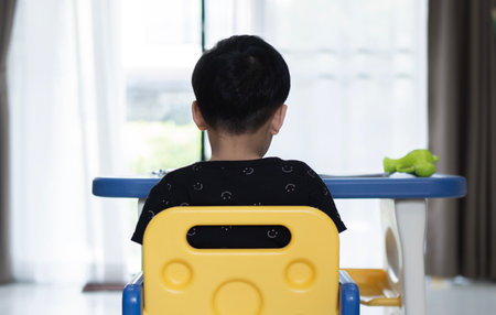 Back view of Asian child siting at table and doing school homework. Kid boy studying at home.の写真素材