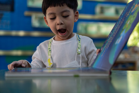 Adorable little Asian child sitting in a book store and reading book with smilling and try to say...