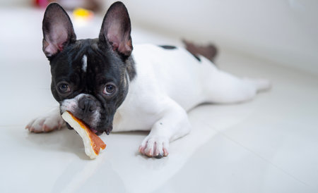 Portait image of French Bulldog puppy lying on the floor and looks while bite his toy bone. Pet concept.の写真素材