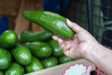 Close up woman hand choosing green hass avocados in the supermarket. Female arms enjoying healthy nutrition full of vitamins with exotic fruits.の写真素材