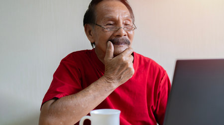 Portrait senior Asian man thinking and using laptop for working at home. Elderly people lifestyle, activity, work, relaxing concept.の写真素材