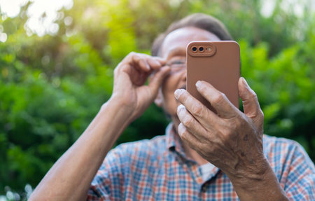 Old grey hair male wearing glasses relaxing using mobile phone outdoor. Social media technology concept. Selective focus on hand, copy space.の写真素材
