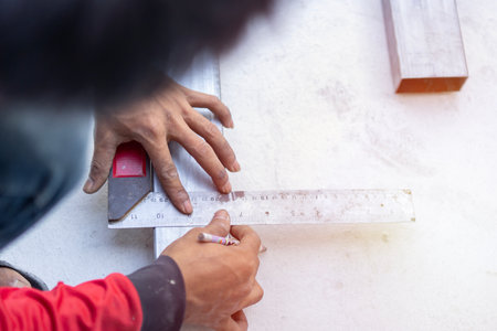 Shot of technician hands take measurements with a metal ruler on a iron pole and mark the required length with a pencil. Top view, selective focus.の写真素材
