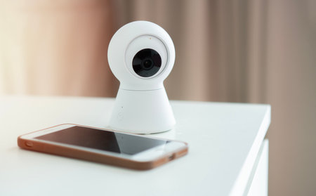 Close-up on a smart phone with smart cctv camera on the white table. Home video surveillance concept