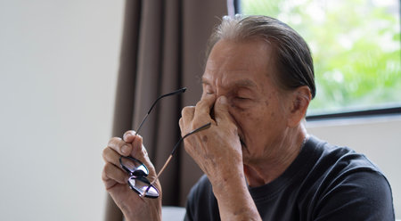 Glaucoma. Tired lderly man massaging eye holding eyeglasses having eyestrain and ocular tension...