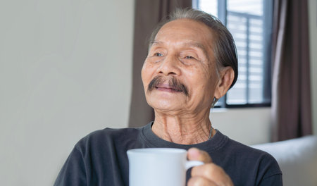 Happy senior Asian man holding a cup of coffee in the living room while looking outside. Senior...