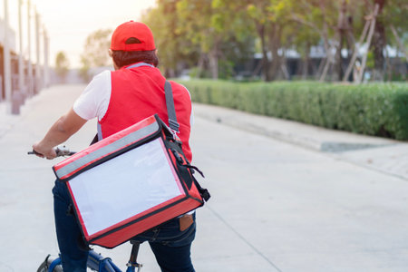 Food delivery service, rider delivering food to clients with bicycle - Concepts about...