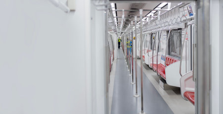 Empty public transportation Bangkok subway train metro car. Inside shot, no passenger, empty seats.