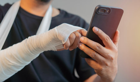 Man with gauze bandage or plaster cast on broken hand, broken wrist use smart phone. Selective focus on hands.の写真素材