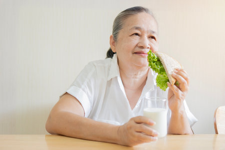 Happy portrait of senior Asian woman sitting on wooden table while eating vegetable sandwich and milk. Copy space, selective focus.の写真素材