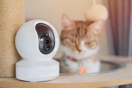 Selective focus of mini white CCTV camera standing on the cat tower. CCTV Security Spy Gadgets And...