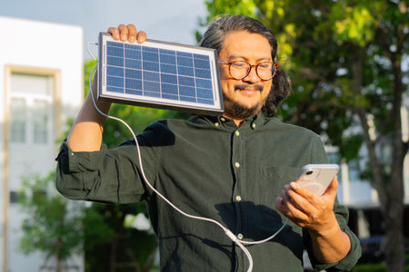 Handsome man with eyeglasses using mobile phone charging from portable solar panel at public city park. Selective focus.の写真素材