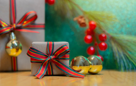 Assortment of christmas gifts and presents on wooden table. Christmas or Happy New Year Festival...