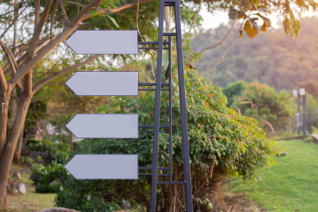 Blank sign on steel pole pointing in same directions on the path to the mountains. Copy space, selective focus.の写真素材