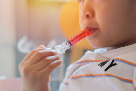 Focusing Syringe to hand, Asian adorable little boy feeding red syrup medicine by himself. Selective focus, kids healthy concept.の写真素材