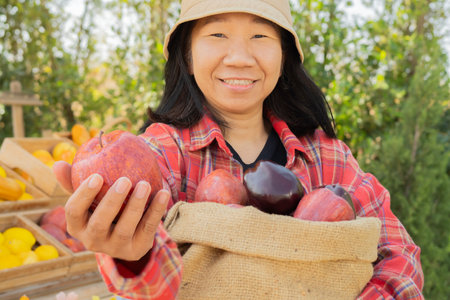 Happy woman holding ripe apples. Organic food and raw materials for making juice, cider and vinegar....