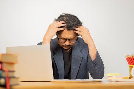 Serious frustrated businessman with closed eyes suffering from headache migraine at workplace.