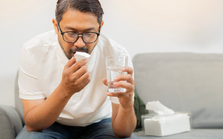 Asian male person with glass of water and tissue, pain and coughing for asthma attack, tuberculosis...
