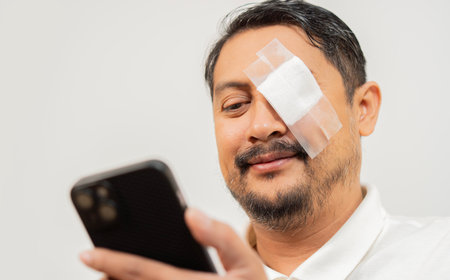 Close-up shot of delighted adult man with eye patch over white background and using mobile phone with smile. Eye First Aid Careの写真素材