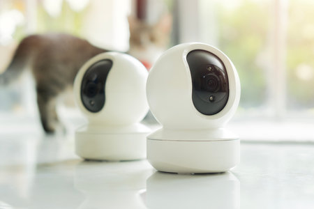 Two smart home security cameras rests on a floor while a curious cat explores the bright room nearby the window background.の写真素材