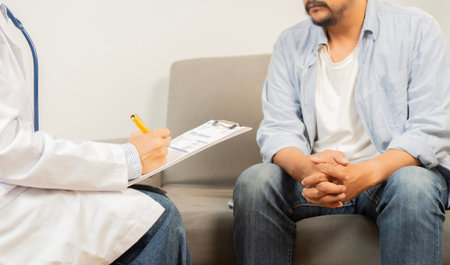 Adult man with beard patient listening and talking to doctor during appointment. Concept of medicine, healthcare and peopleの写真素材