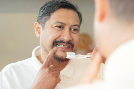 Man with aching teeth and brush while looking in mirror in bathroom. Oral hygiene, healthy teeth and care.の写真素材