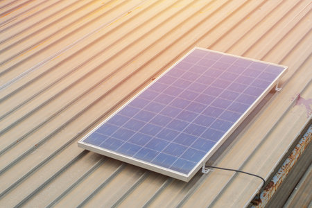 Solar panel on the roof,mini solar cell system. New technology for store and use the power from the nature with human life, sustainable energy and environmental friend conceptの写真素材