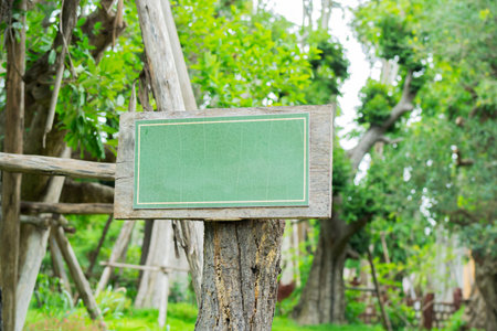 Empty wooden sign in the forest. Signboards At Forest. Mock up Wood board inside the trees. Outdoor nature. Copy space.の写真素材