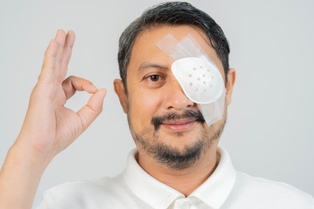 Handsome adult beard man with eye patch showing okay gesture with hand against white background. Healthy lifestyle concept.の写真素材