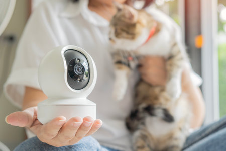 A mature woman with a mini security camera for video surveillance of her pet at home. CCTV camera concept.の写真素材