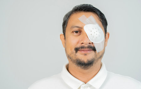 Happy Adult man with bandaged eye following surgery for an eye injury which had resulted in a partially detached retina. Copy space.の写真素材