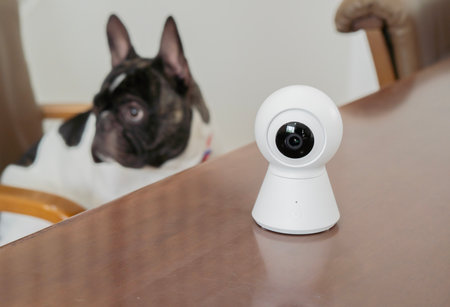 Adorable black and white French bulldog with home security camera on wooden table. Selective focus...