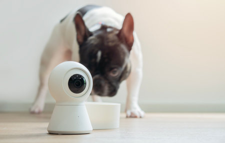 Black and white French bulldog enjoying meal from mini bowl near modern home security camera in living roomの写真素材