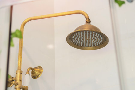Vintage gold brass shower head in old fashioned bathroom. Shower Head, close up. Bathroom design element concept.の写真素材