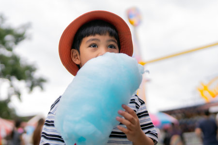 Delighted Asian little boy with sweet cotton candy in hand while standing in amusement park. Children eating cotton candy.の写真素材