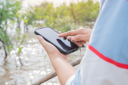 Woman or tourist with phone enjoying beautiful views. 

Mangrove forest travel. Lifestyle, vacation, nature, active life.の写真素材