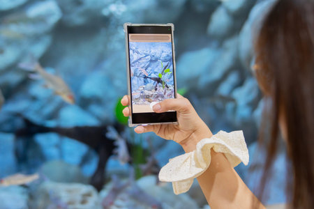 Rear view of female hand in aquarium and take a picture of fish by smart phone. Technology,...