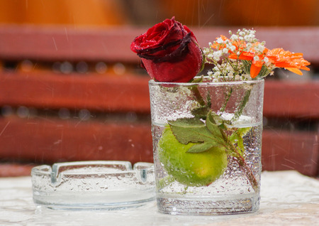 picture from an restaurant - outside decoration middle at rainy weatherの写真素材