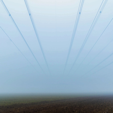 powerlines disappear in morning fogの写真素材