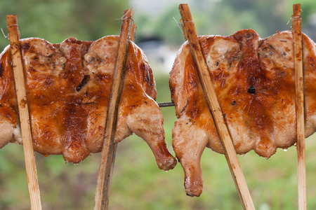 Grilled chicken thigh on the flaming grillの写真素材