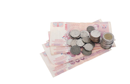 Thailand coins and banknotes Through the use of state Put together on a white background.