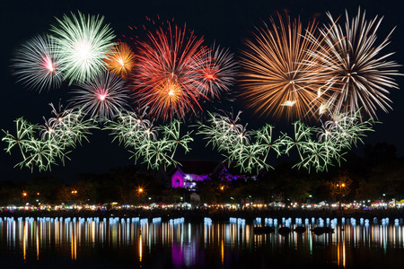 Reflections on the surface, work a fireworks display to celebrate great day.の写真素材