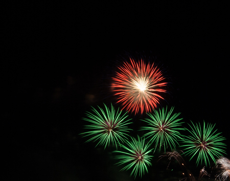 Night Fireworks show scene. Celebrated by a grand fireworks display (copy space).の写真素材