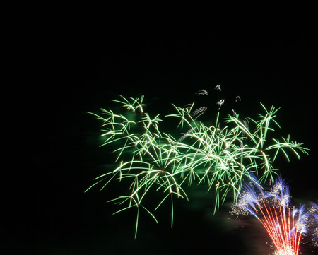 Night Fireworks show scene. Celebrated by a grand fireworks display (copy space).の写真素材