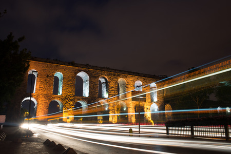 Traffic light line in Istanbul Roman Bridge at Evening, Istanbul, Turkeyの写真素材